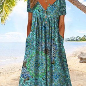 Women's printed short sleeve dress with buttons